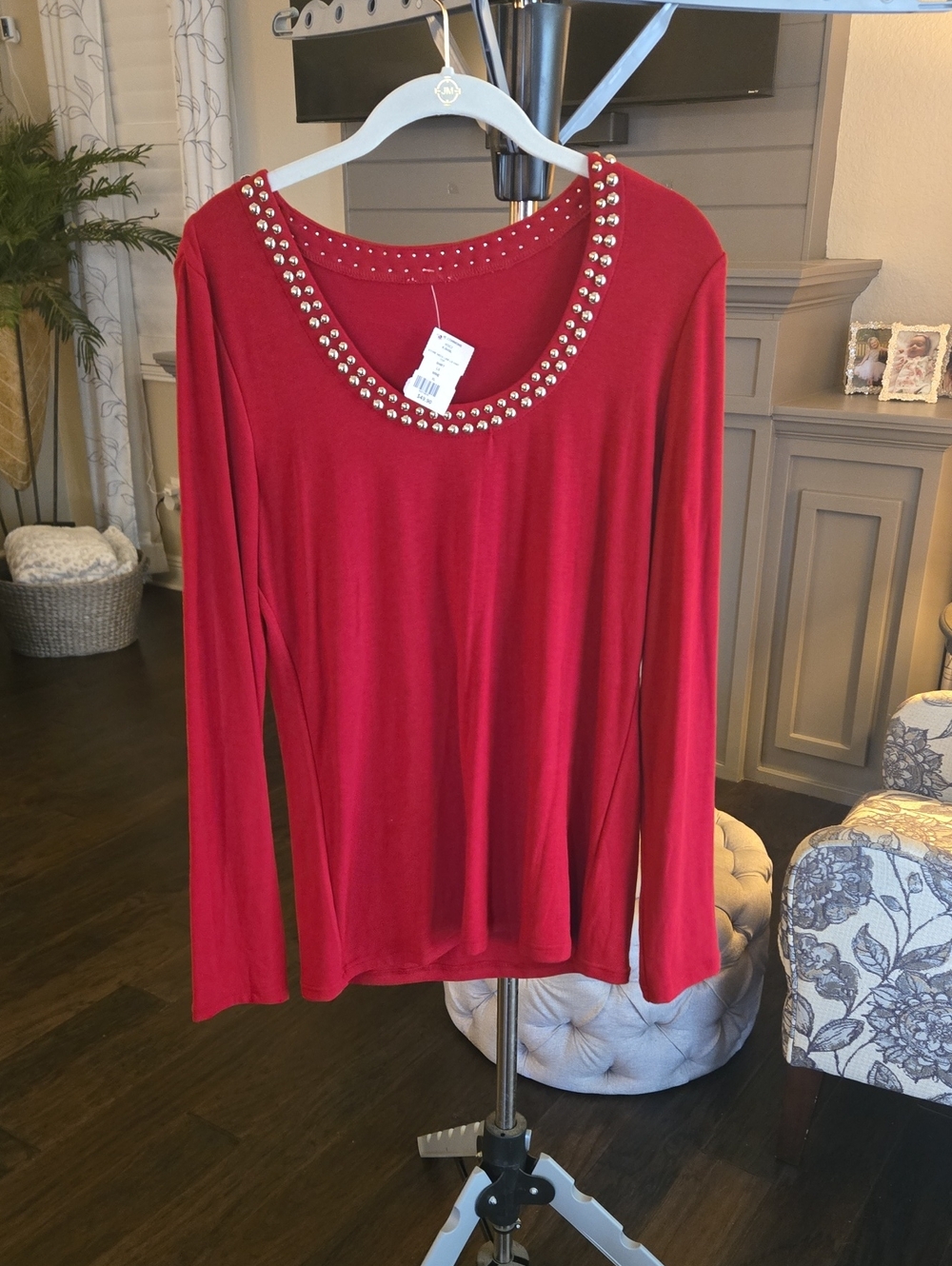 Women’s Red Long-Sleeve Jewel-Accent Top